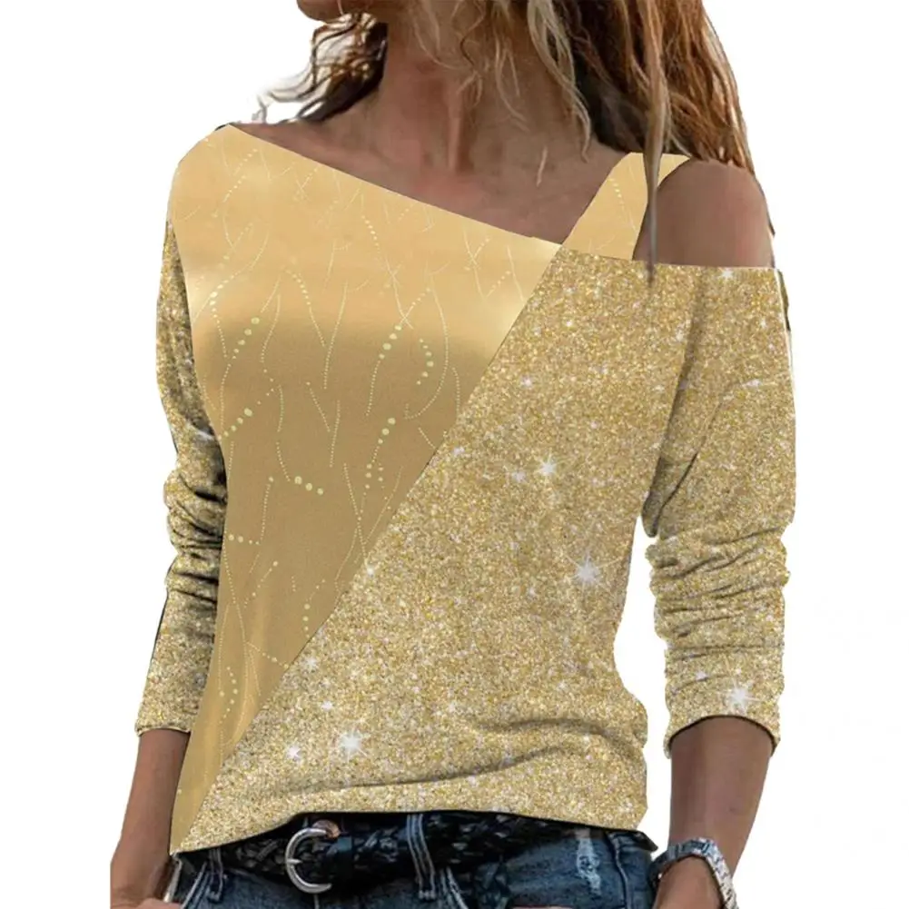 Women Pullover Golden Color Stitching Shiny fashion Blouse Female clothing топ женский