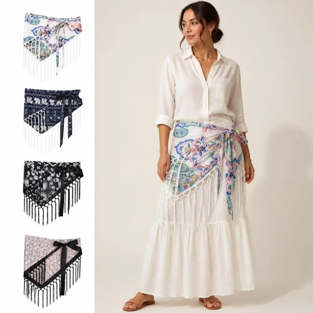 Fashion Paisley Print Hip Scarf Tassel Fringe Self-tie Waist Wrap Floral Bandana Style Fringe Skirt Streetwear Fashion