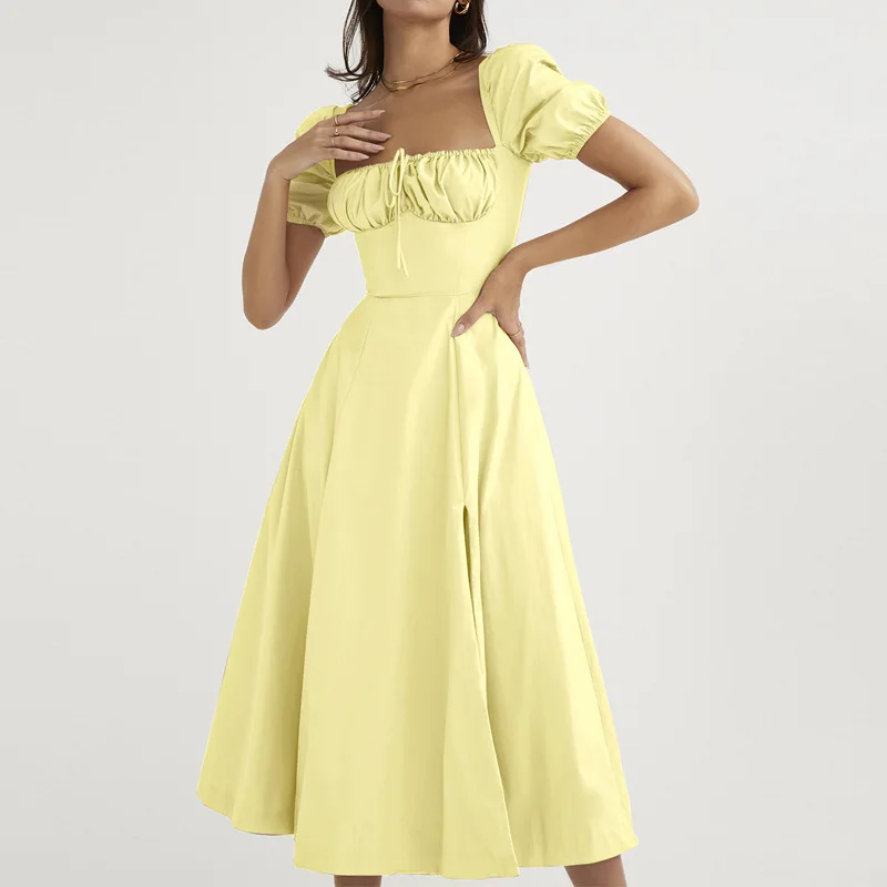 

2025 New Spring Summer Women's Clothing Solid Color French Puff Sleeve Lace-up Commuter Slit Dress Temperament and Fashion