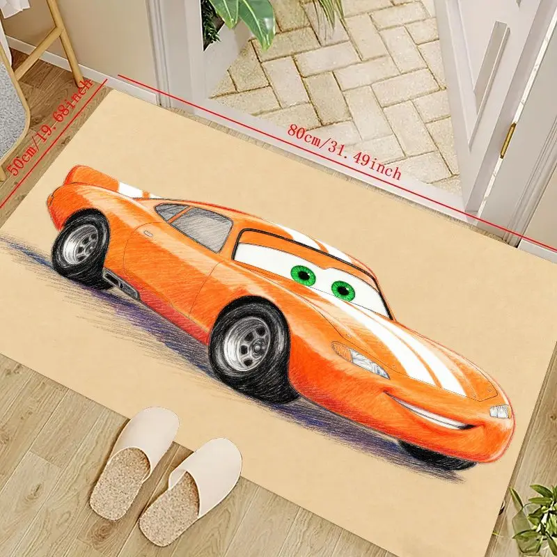 

1PC Animated Orange Race Car Floor Mat, Kids Lightning McQueen Style Sketch Art Design Area Rug with Green Eyes, Soft Non-Slip W