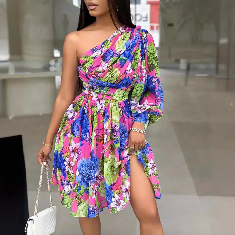 

2024 Summer Fashion New Boho Print Dress Of Women Sexy Off Shoulder Knee Length Skirt Vacation Style Irregular Long Sleeve Dress
