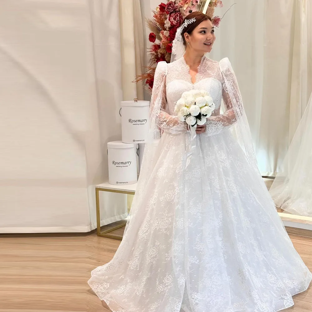 Customized Crafted Ball Gown Lace Wedding Dress V Neck Long Sleeve Civil Bridal Gown Front Button Elopement Wedding Dresses