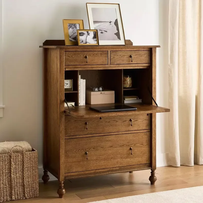 French Retro Style Five Drawer Cabinet Solid Wood Folding Storage Unit For Living Room Decorative Furniture Home Organization