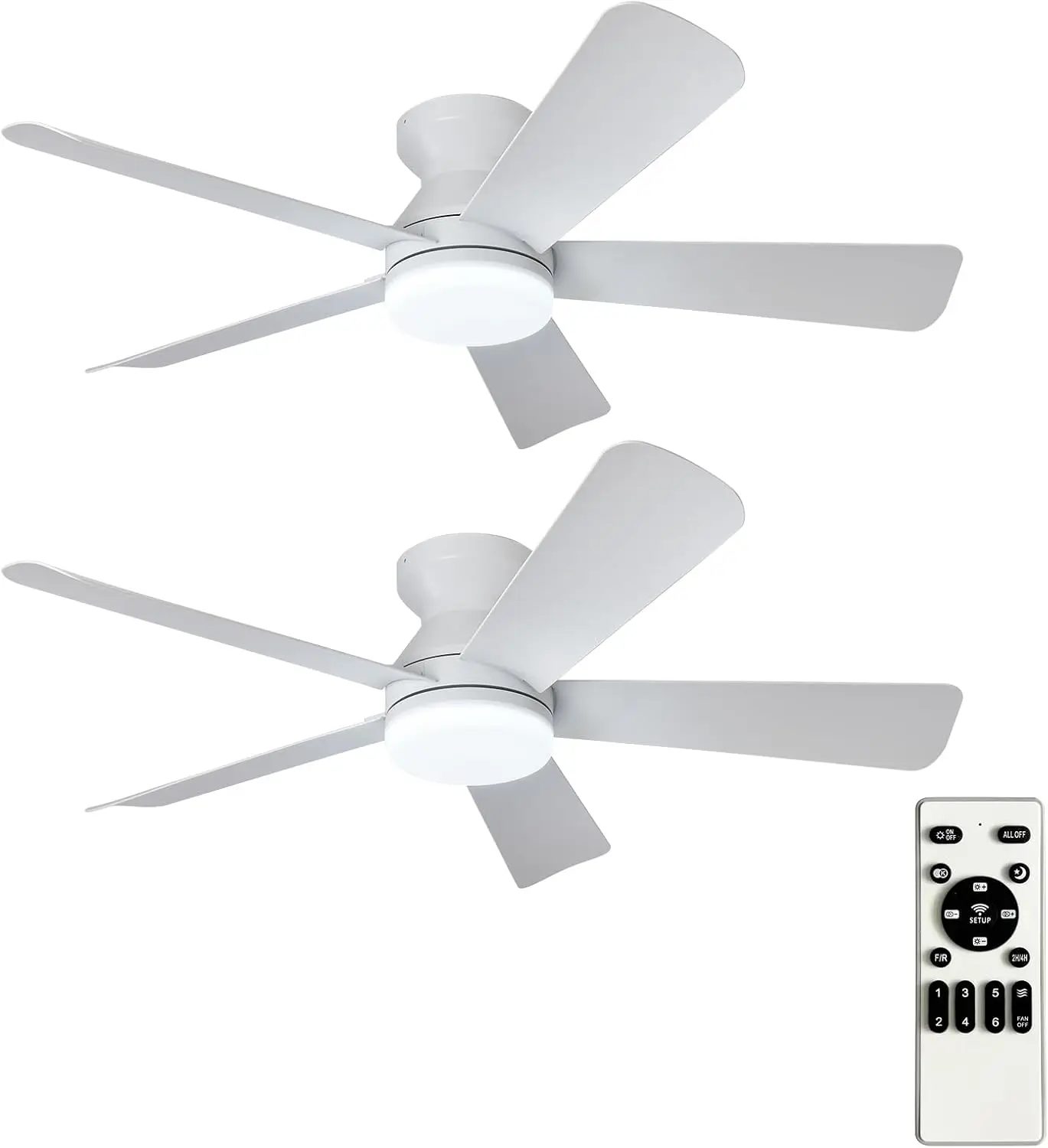 

42-Inch Low Profile Ceiling Fan with Light and Remote Control, Indoor/Outdoor Flush Mount, 5 Reversible White Blades, Quiet Timer, Ideal for Kitchen Gazebo, 2-Pack
