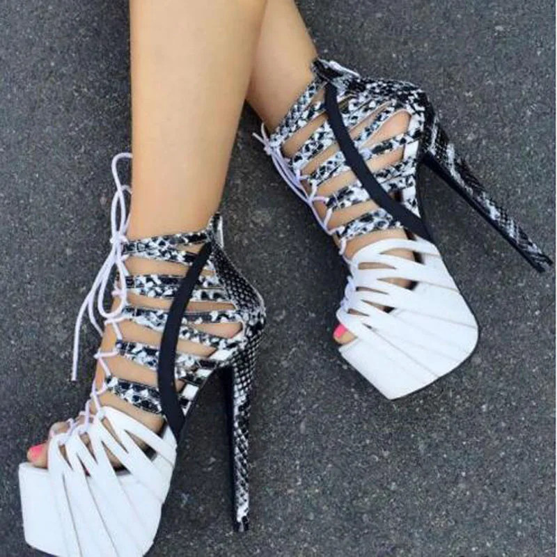 

Sexy Women Black White Mixed Snakeskin Leather Peep Toe Platform Cross Tied Cuts Out Hollow Super Thin Heels Pumps Sandals Shoes