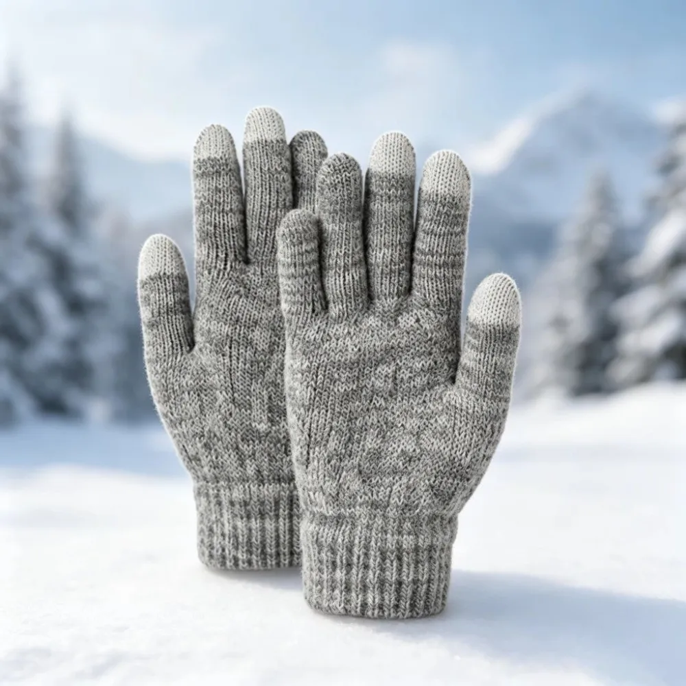 2Pcs/Set Fashion Winter Children Hat Gloves Set Lining Windproof Knitted Hats Gloves Thicken Pompom Touchscreen Gloves