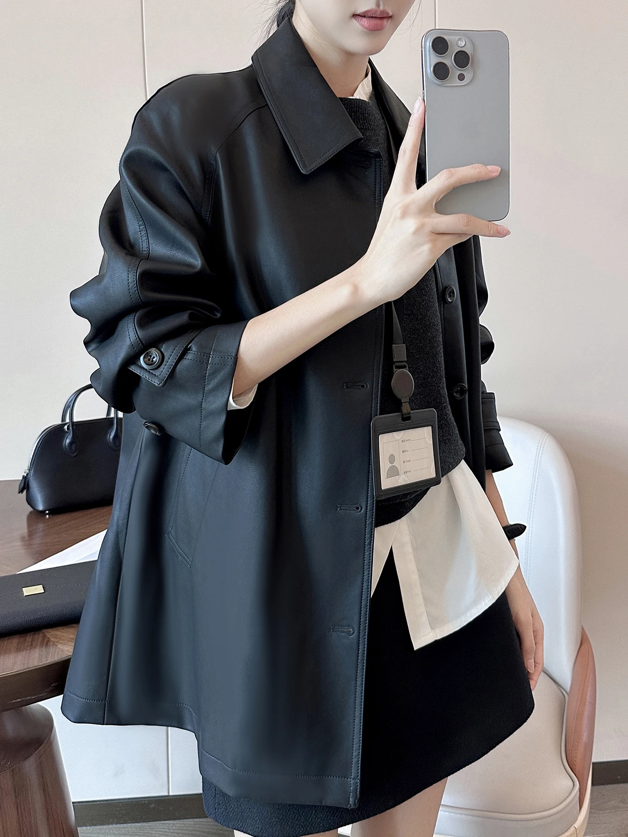 

Bla PU Leather Jaet Women's Winter Faion Loose Fit Versatile Slimming Medium-Length Outerwear PINSTUDIO Brand