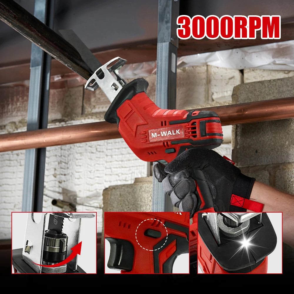M-WALK 18V Brushless Reciprocating Saw 3000RPM Self-Locking Chuck Multi-Material Cutting Power Tools For Milwaukee Battery Pin