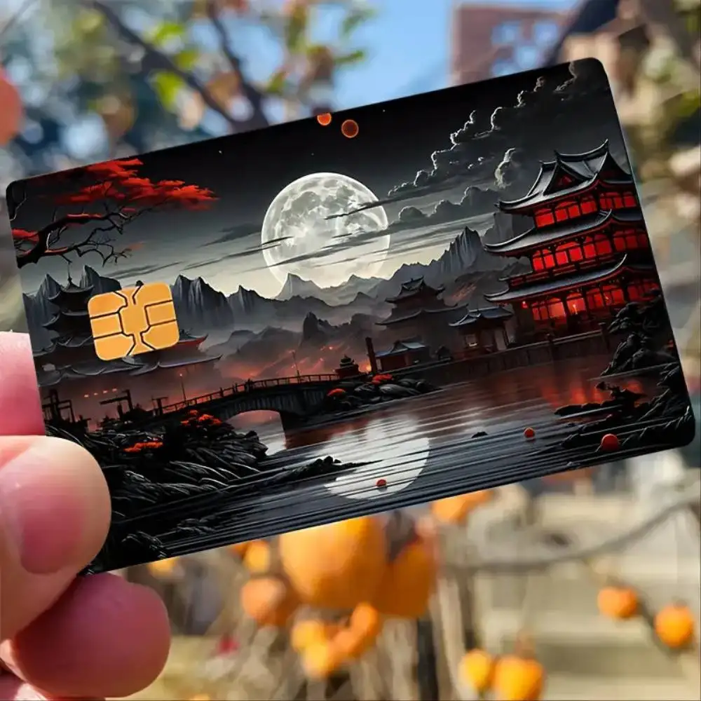 Japanese Full Moon River Scenery Credit Card Sticker Minimalist Durable Beige PVC Decal For Debit Travel Cards