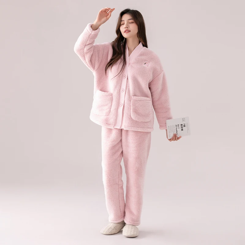 

High Quality Winter Women Pajama Set Warm Flannel Sleepwear Female Thick Nightwear