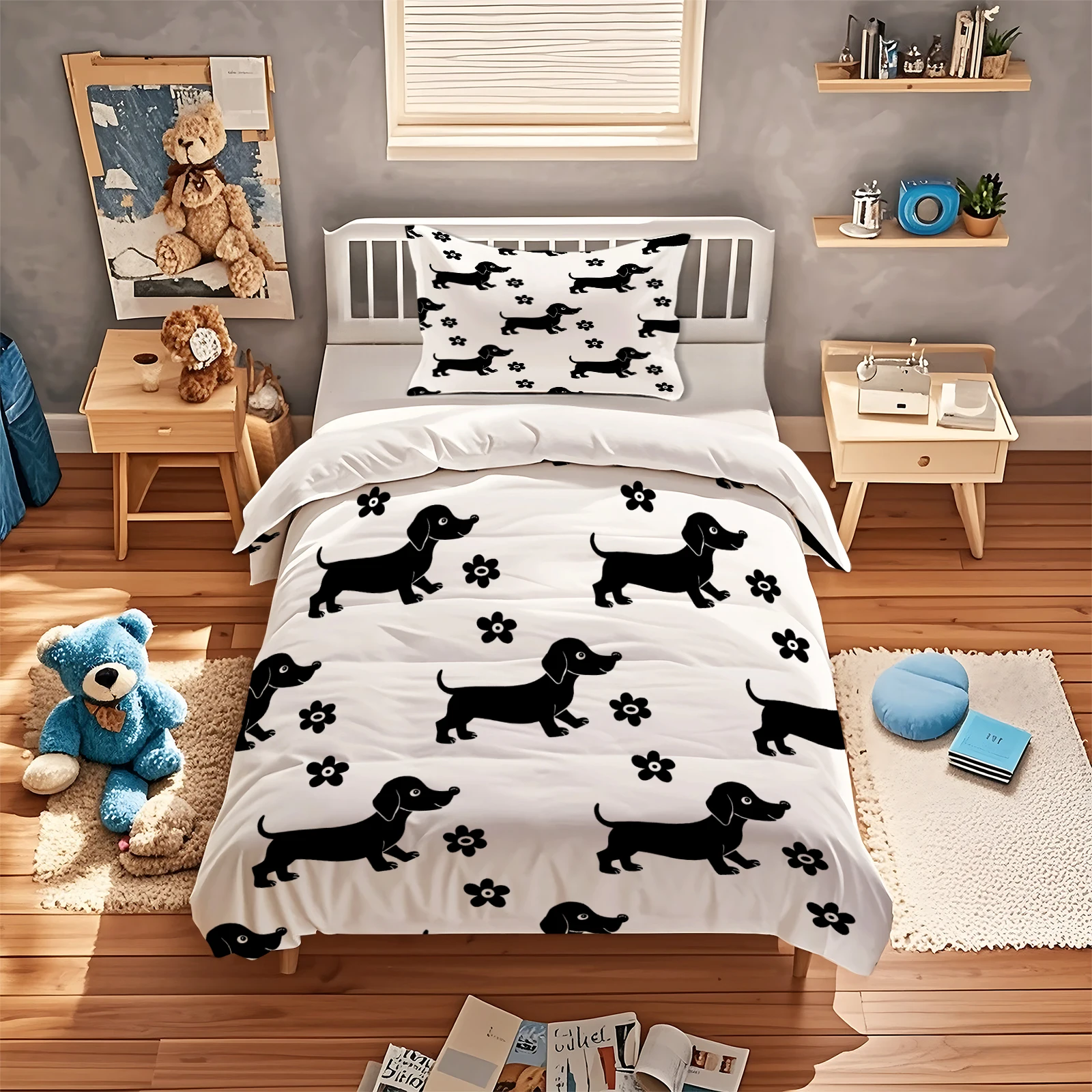 Minimalist Black Dachshund & Flower Duvet Set on White Background. Modern Monochrome Bedding for Dog Lovers