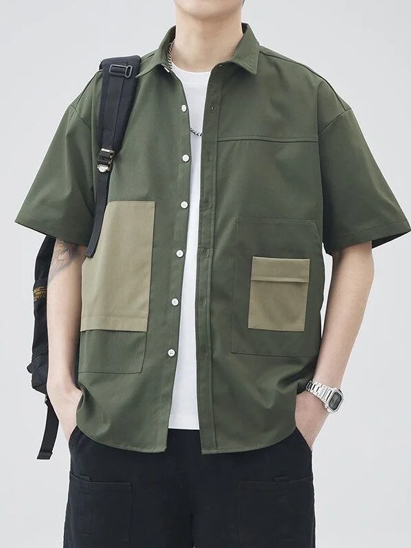 

Casual Style Patchwork Short Sleeve Shirt Men's Summer Five-Quarter Sleeve Youth Workwear Versatile Hong Kong Style Breathabl...