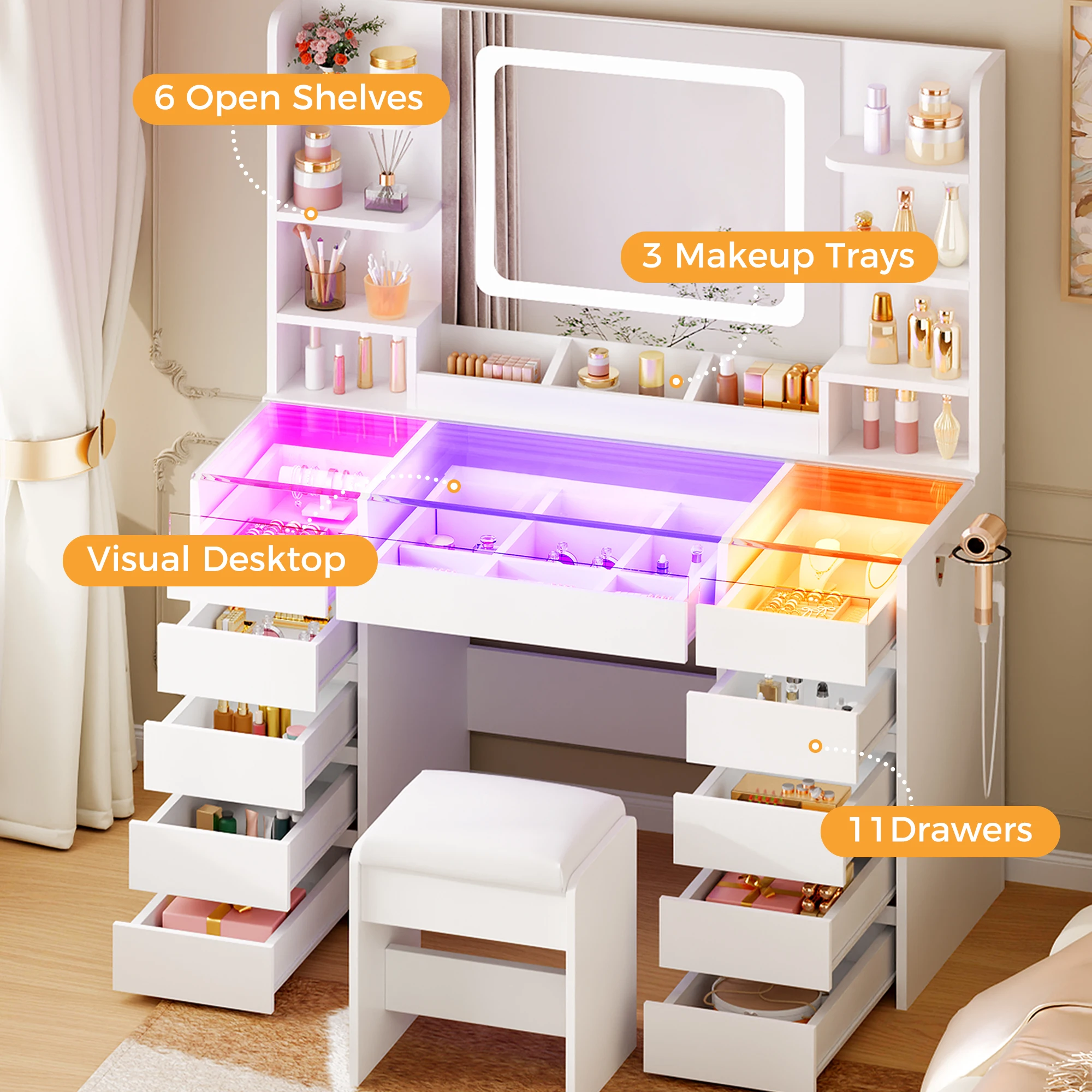 Vanity Desk with Glass Top and 11 Drawers, Makeup Vanity Table with Adjustable LED Mirror, RGB LED Strip Lights, Built-in Power Outlet, Matching Stool, Dimmable Lighting, Dressing Table for Bedroom
