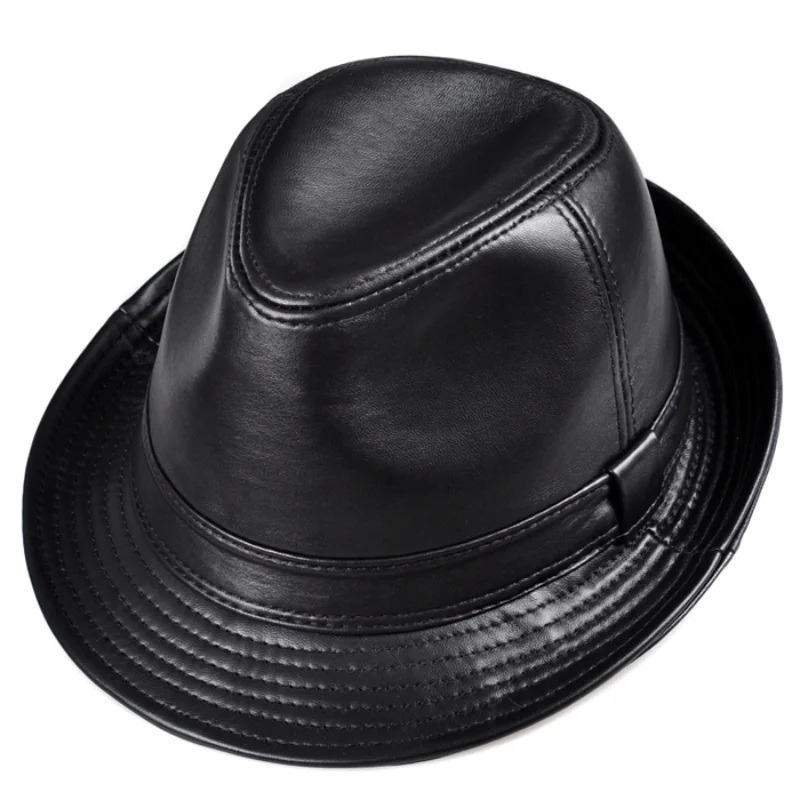 Man High Quality Genuine Leather Jazz Fedora Gentleman Cow Skin Short Brim Black/Brown Hip Pop Fitted Top Hat Male Shows Topper