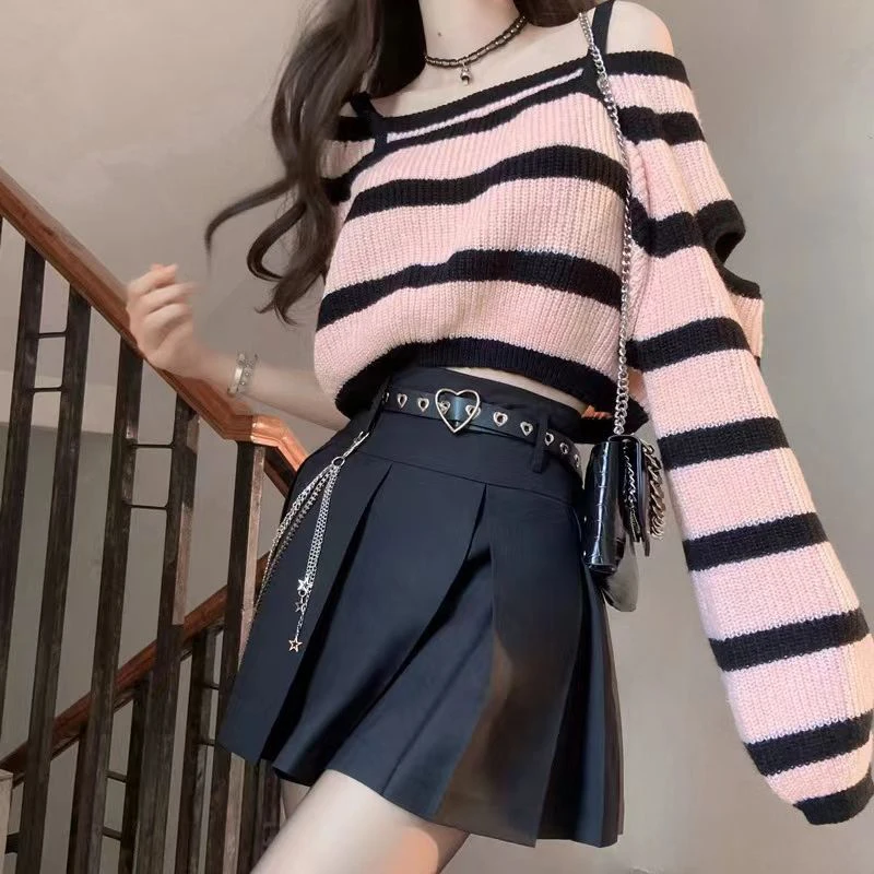 Women\'s Korean Style Stripe Off Shoulder Top, Knit Sweater, Loose Long Sleeve, Hollow Out Pullover, Pink Top, Y2K, Spring 2023