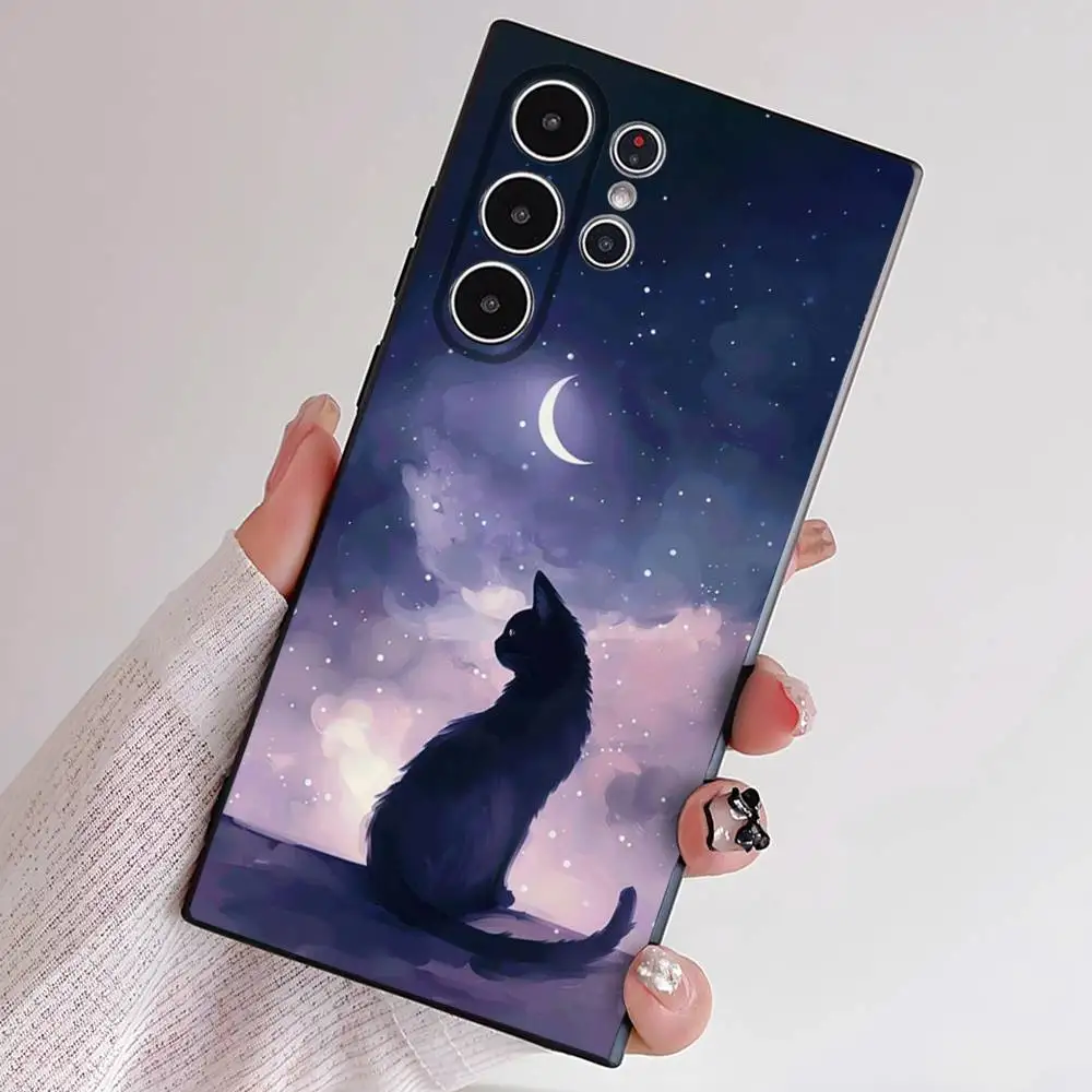 Cartoon Black Cat Art Phone Case Skin-Friendly Soft TPU Case Compatible With Samsung S21/S22/S23/S24/S25 FE/Plus/Ultra