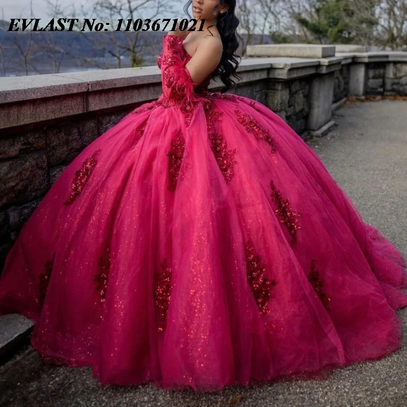 EVLAST Personalizzato Rosa Abito Quinceanera Abito di Sfera Lucido Applique di Pizzo Perline Corsetto Dolce 16 Abiti De XV 15 Anos SQ168