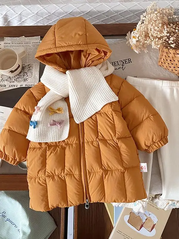 

Korean Sle Children's down Jaet Hooded Loose Warm Thiened Outerwear for Girls Winter New Arrival Pure Color Trendy