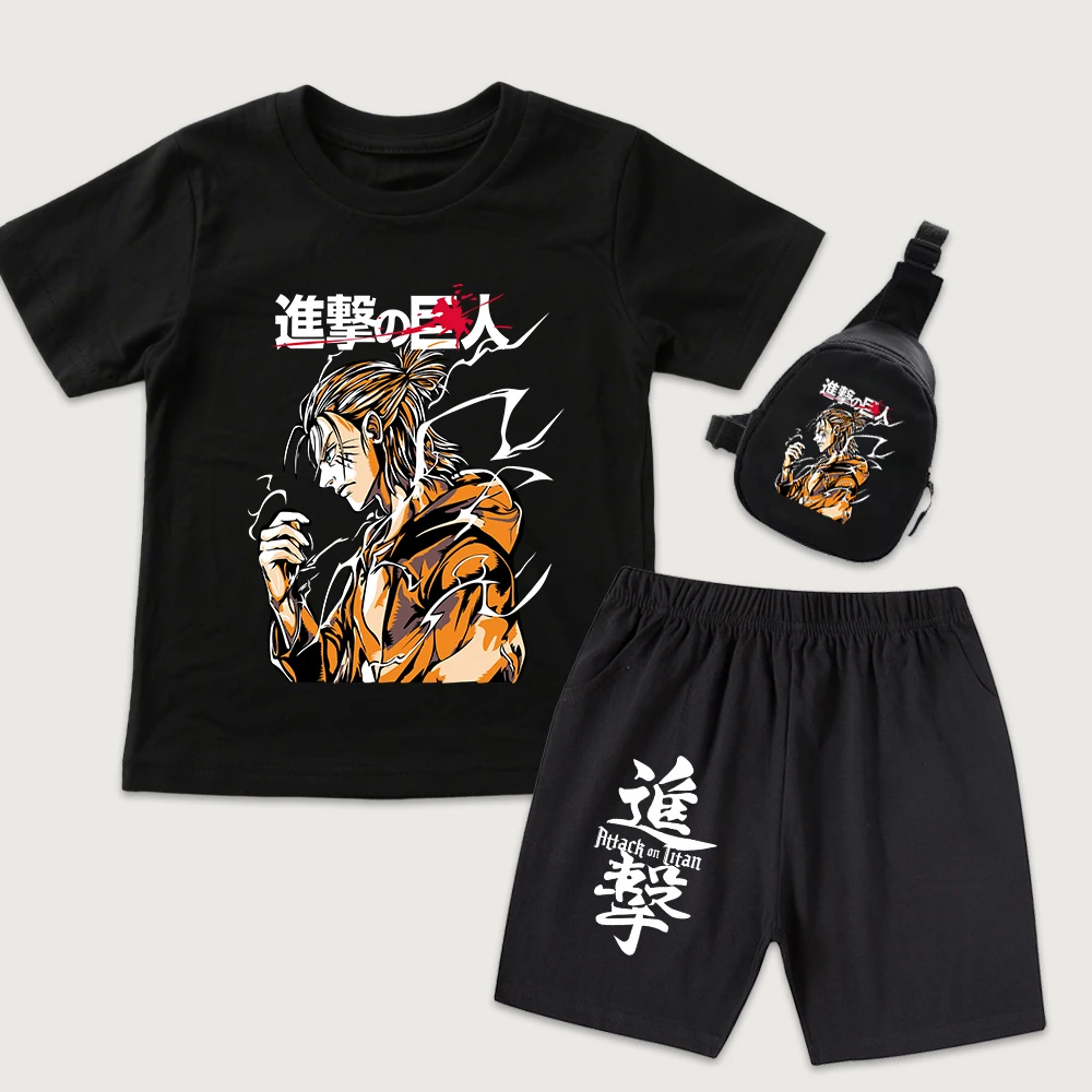進撃の巨人-プリント-キッズ-コットン-tシャツ-半袖-カジュアルセット-ミニチェストバッグ付き-男の子-女の子-夏用