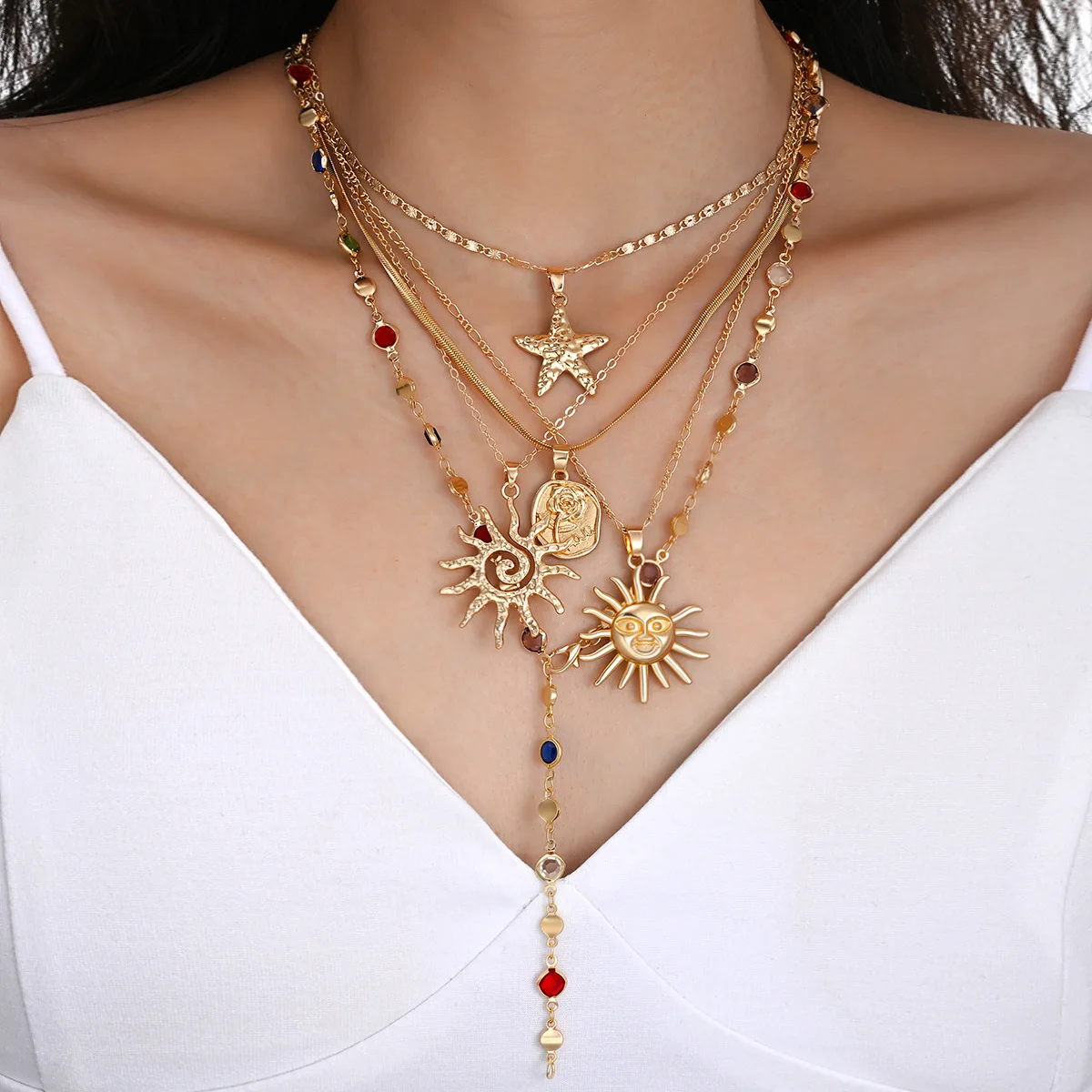 5Pcs/Set Vintage Gold Color Sun Star Rose Pendant Alloy Necklaces Set for Women Fashion Boho Stacked Metal Necklace Jewelry Gift