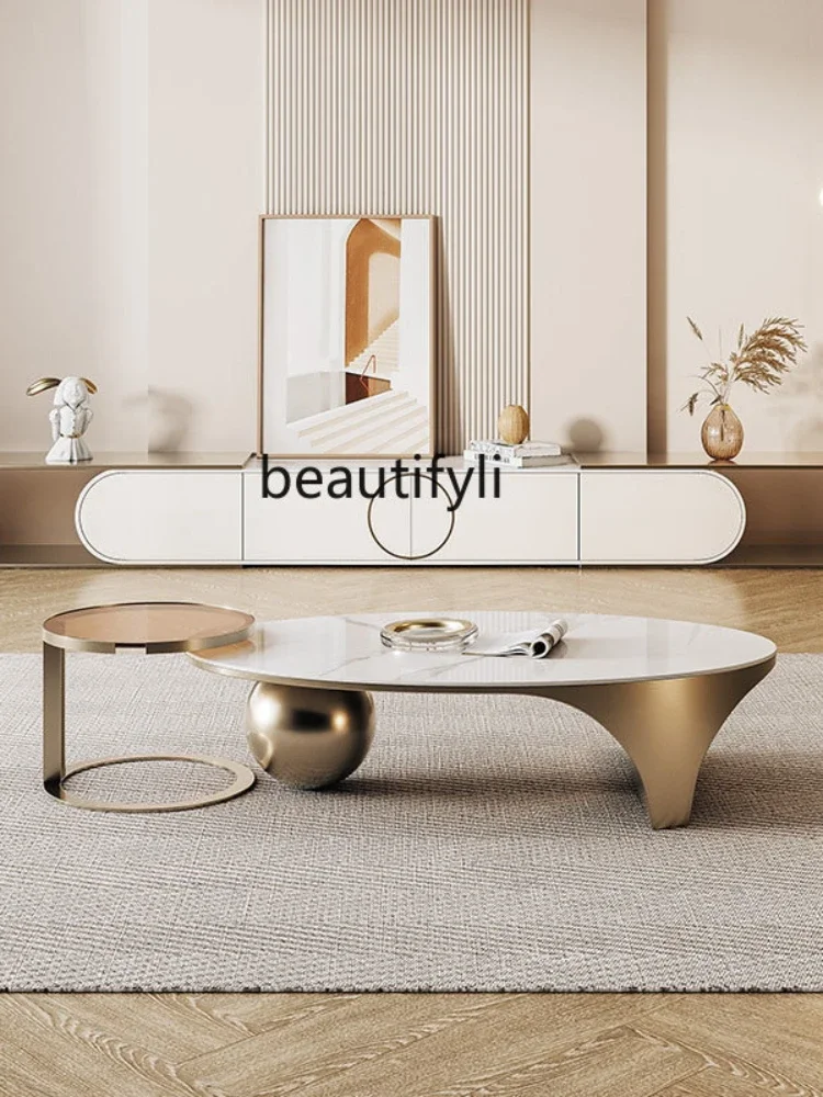 

zq Итальянская каменная тарелка Журнальный столик Овальный Современный Минималистский Гостиная Домашний Креативный ТВ-шкаф