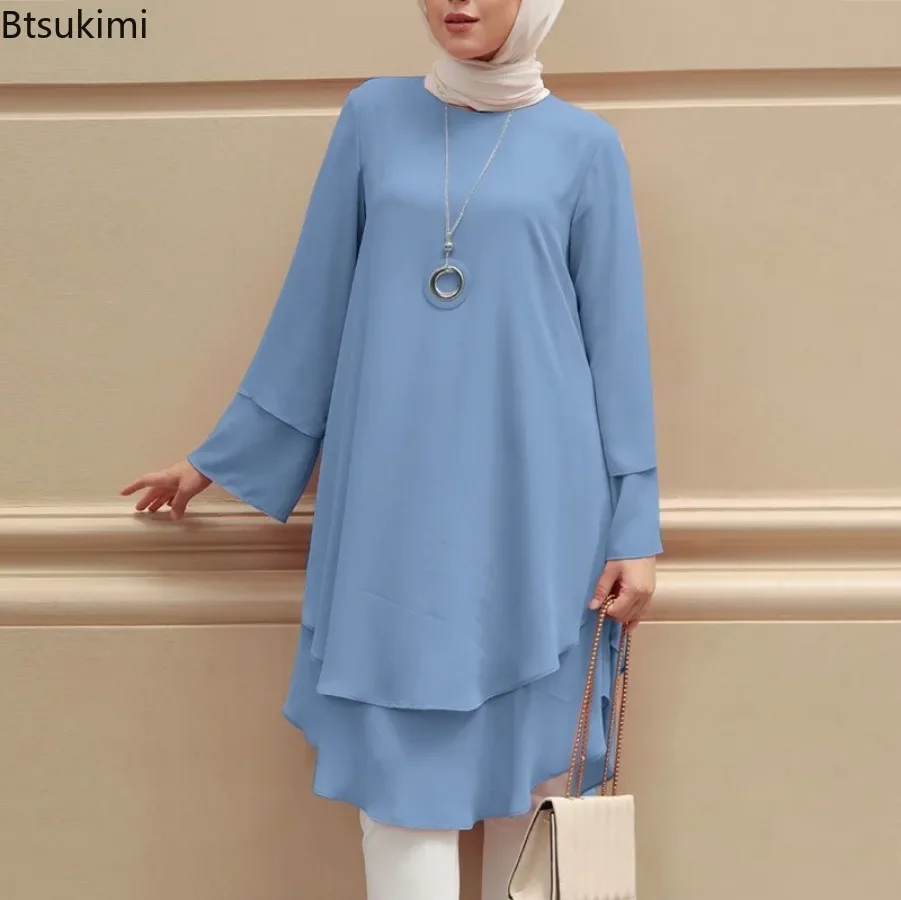 New Women Muslim Blouse Fashion Two-layer Design Elegant Female Holiday Party Solid Shirt Tops Turkey Long Robe Abaya Hijab 2024