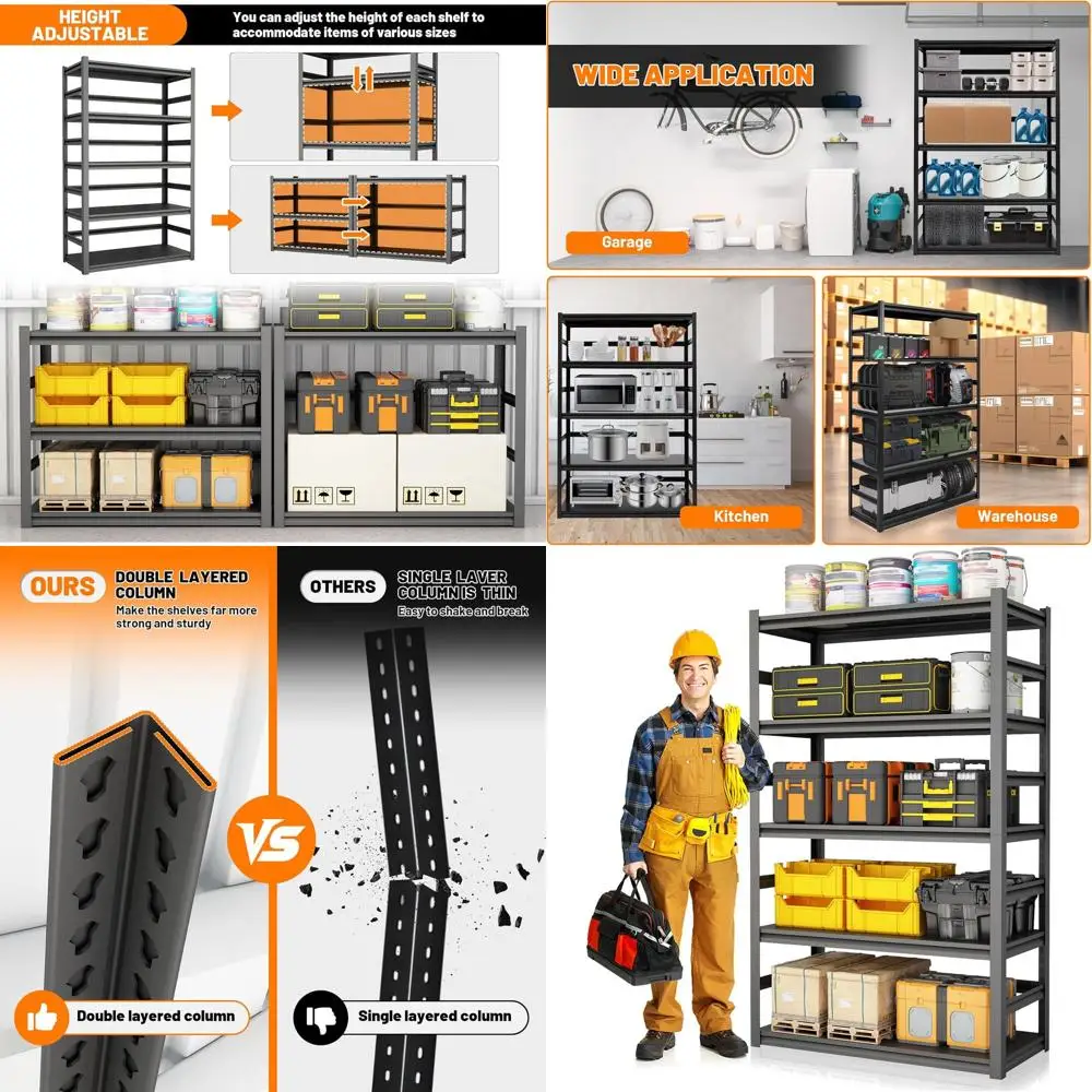Prateleira de Aço Ajustável de 5 Níveis, 72 Polegadas, Estrutura Robusta para Uso Industrial e em Porões