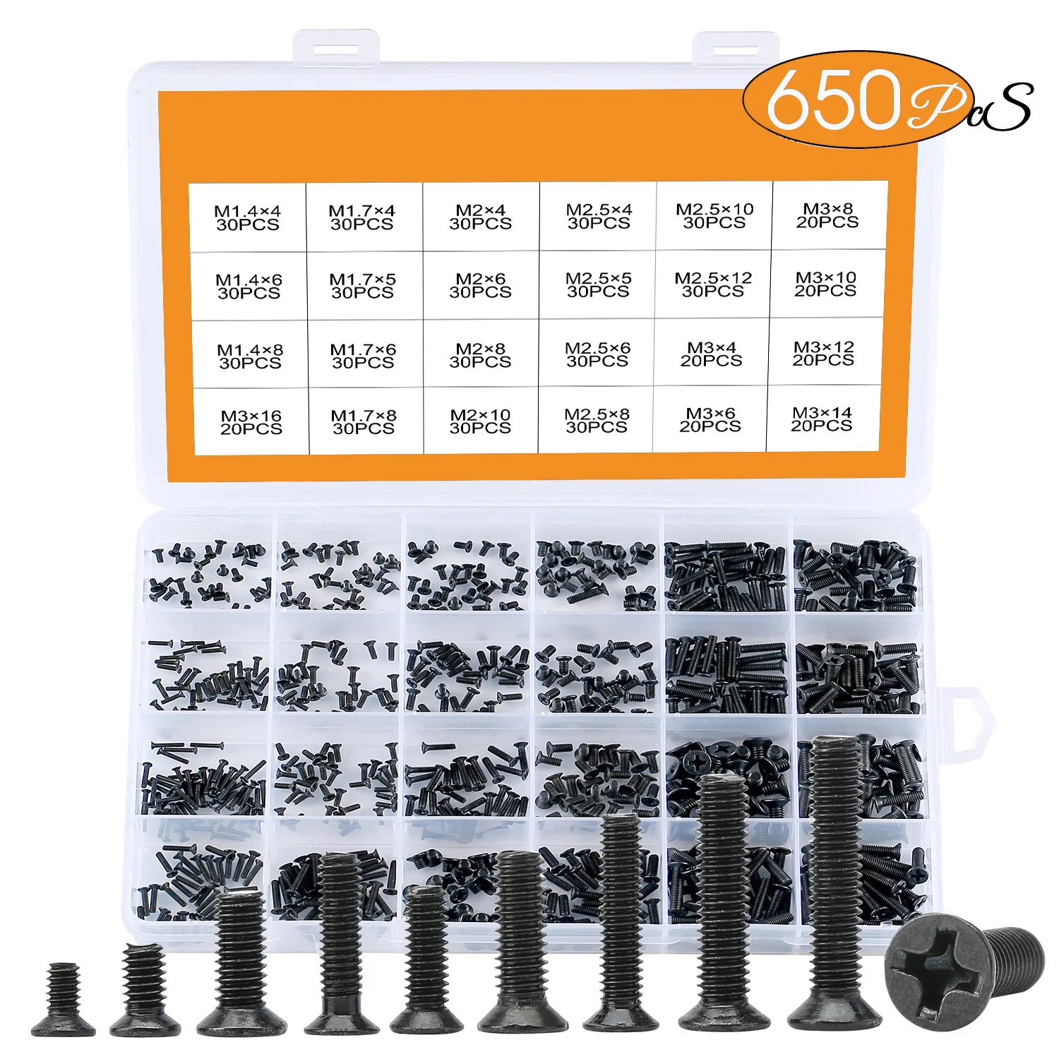 

650/720pcs Small Computer Screws Kit box, Flat Phillips Black Tiny Eyeglass Screws M1.4M1.7M2M2.5M3 for PC Laptop SSD Hard Drive