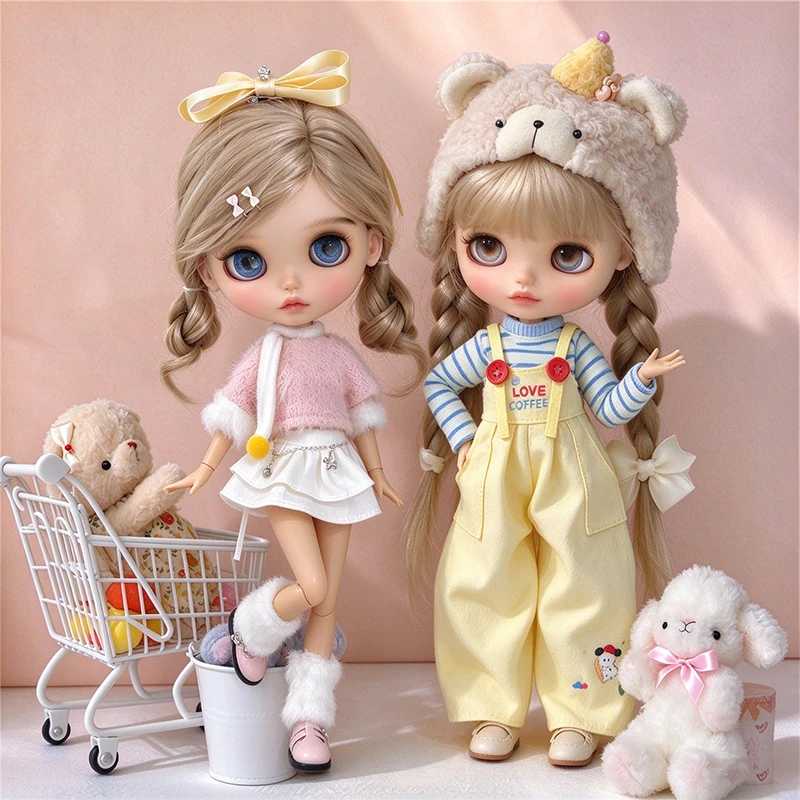 Baby Clothing Usa - ชุดเสื้อผ้าตุ๊กตาบลายธ์ ชุดเดรสผ้าพลัฌน่ารักสำหรับเด็กผู้หญิง ชุดกันหนาว เสื้อท่อนบนชุดเอี๊ยมสีเหลือง สำหรับตุ๊กตา OB24