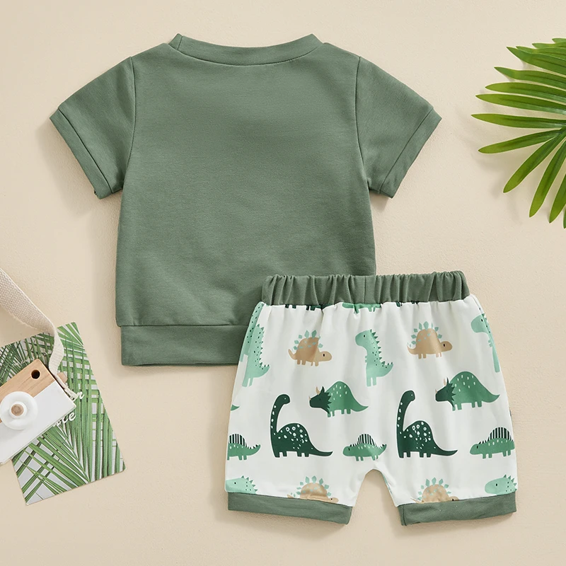 Toddler Infant Baby Clothing Boys Summer Clothes Short Sleeve Dinosaur Print Tops  Drawstring Shorts Sets 0-3Y