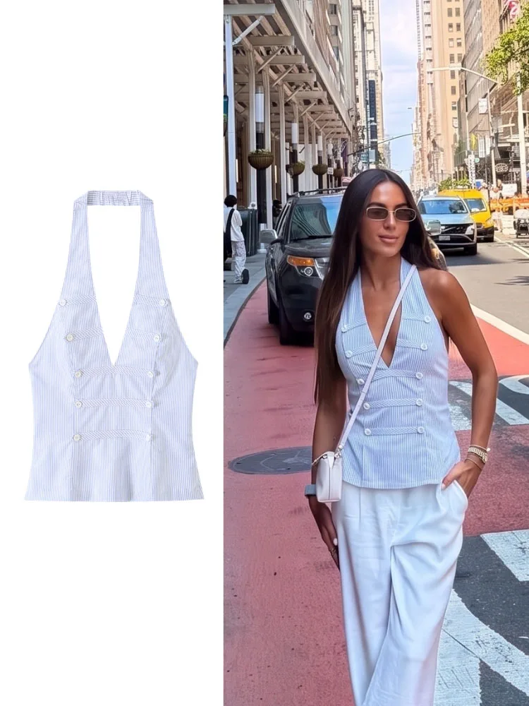 HH Women Summer Elegant Blue White Striped Halter Top Double Breasted Deep V Neck For Dinner Date Party Vacation Holiday Wear
