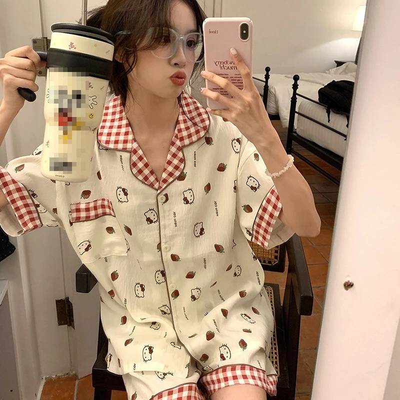 

Hello Kitty Summer 2Pcs Pajama Set for Women Sanrio Anime Kawaii Short Sleeve Shorts Cotton Loungewear Girls Loose Tops Pants