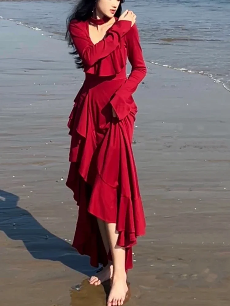 

Red France Princess One Piece Dress Women Irregular Y2k Designer Evening Party Dress Female Ruffles Elegant Clothes 2024 Spring