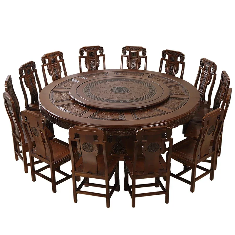 Big Round Table Hotel Electric Big Round Table 18 People Chinese Antique Carved Rice