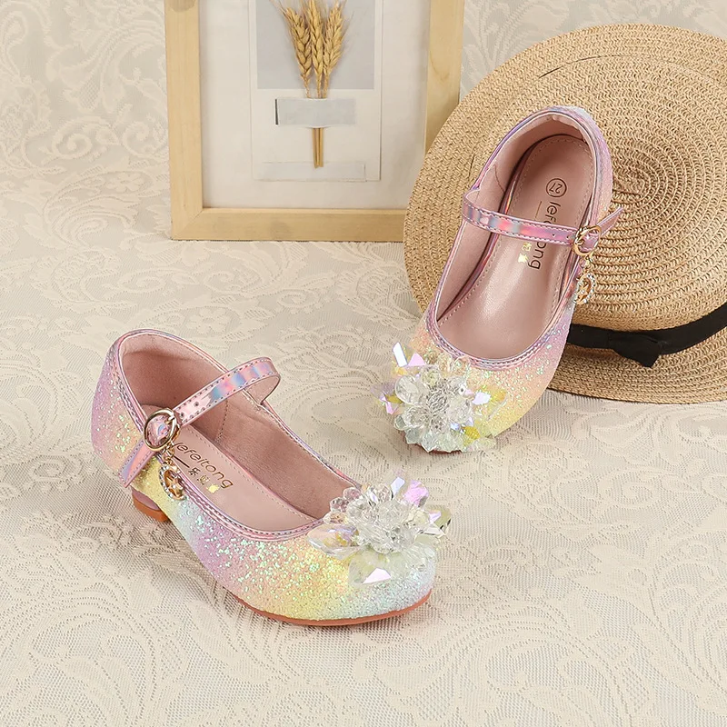 New Fahsion Rainbow Diamond Girls Party Dance Shoes Colorful Sequins Children High Heels Four Seasons Kids Princess Casual Shoes