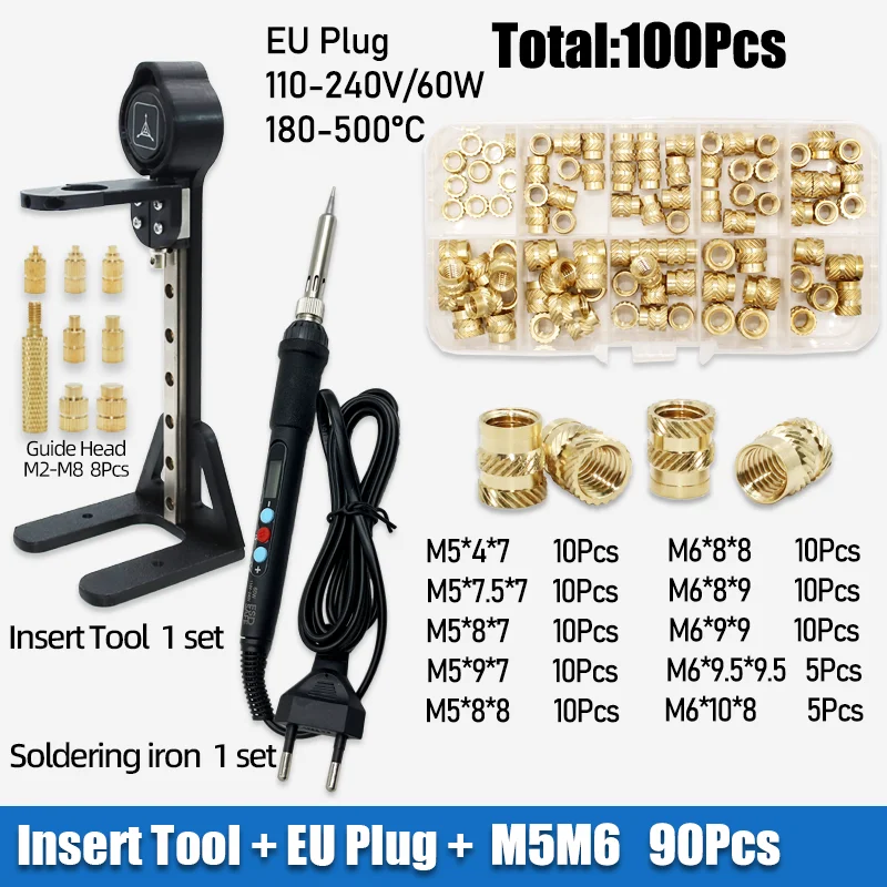 Wärmeeinpresswerkzeug M2 M3 M4 M5 M6 M8 Lötkolbenspitze Messinggewindeeinsatzmutter Heißschmelz-Kunststoffmuttern-Kit für 3D-Druck-Einsätze