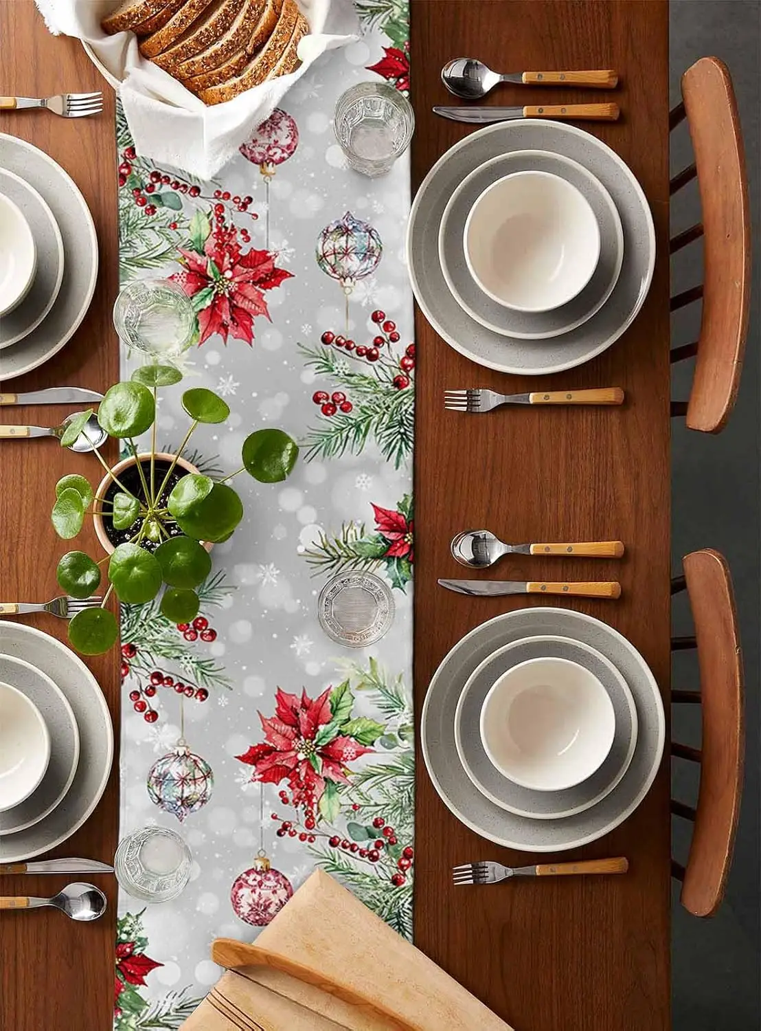 Christmas Ball Poinsettia Fir Leaf Snowflakes Linen Table Runner Dresser Scarf Red Berry Gray Table Runners Home Kitchen Decor