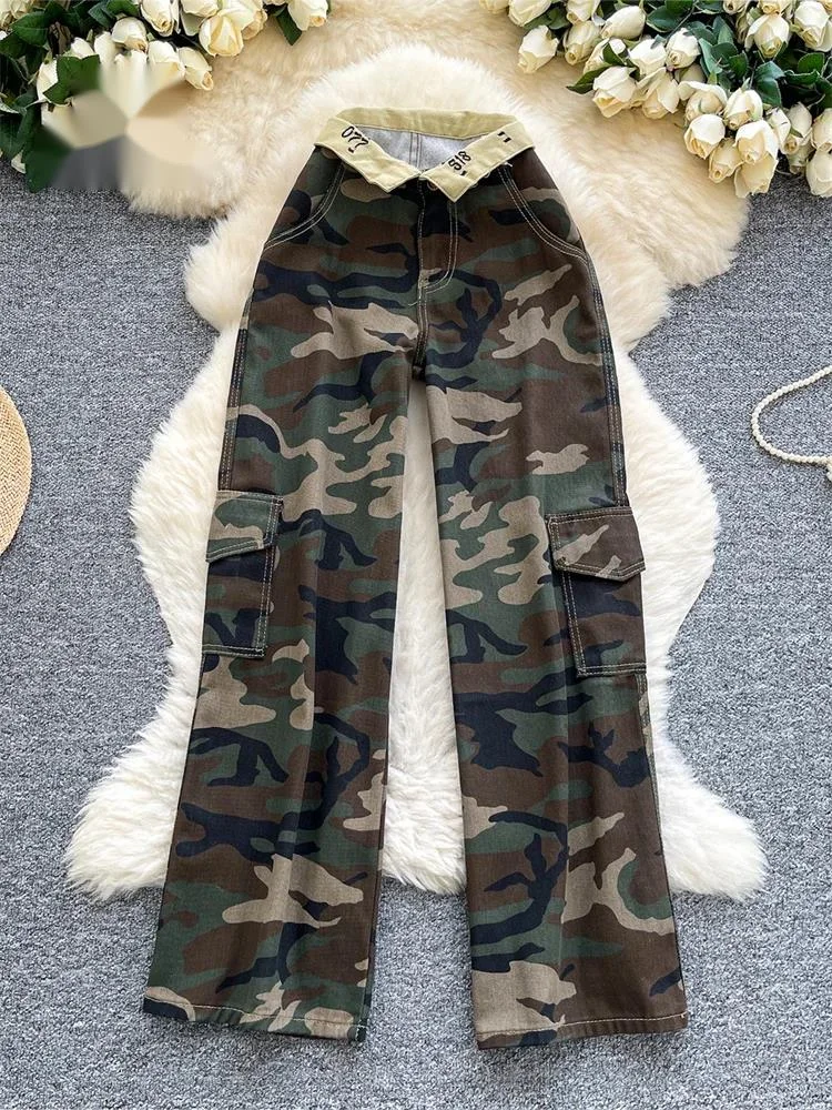 

Camouflage Printed Wide Leg Pants women Autumn Workwear Style Casual Britches Straight Leg Denim Vintage Trousers