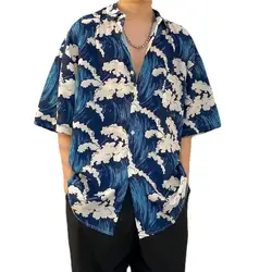 Men Street Fashion Summer Daily Shirt Hawaiian Cartoon Print Casual Loose Shirts Short Sleeve Beach Loose Tops