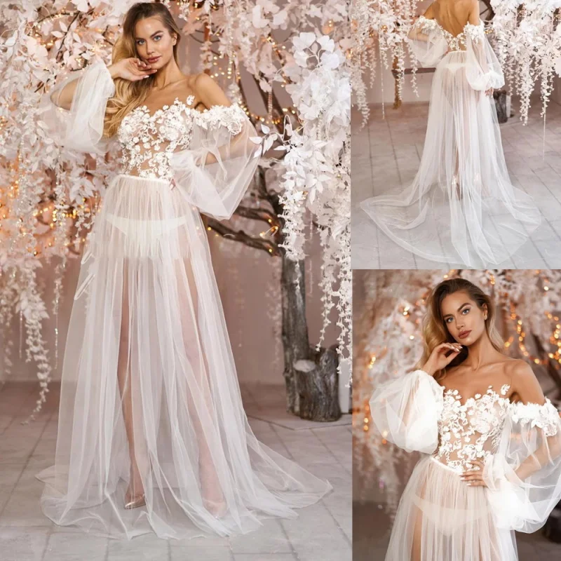 Vêtements de nuit de mariage blancs pour patients, robe à manches longues, robe de Rhappliquée, pyjama sur mesure, chemise de nuit en dentelle