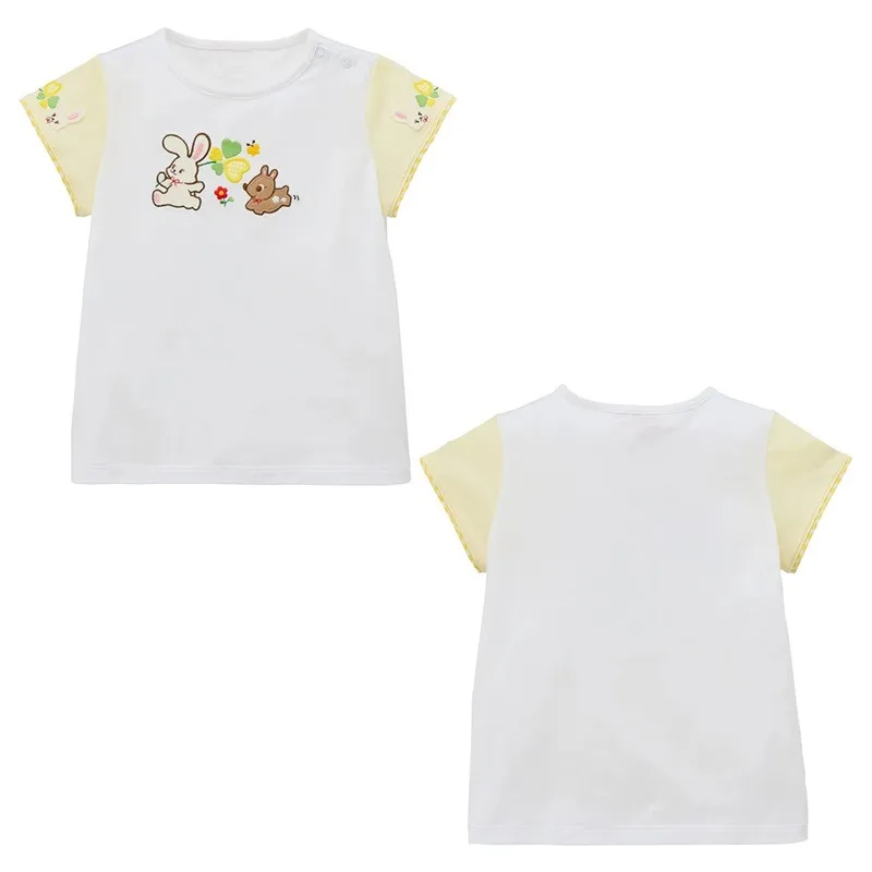 Japanese Style Girls T-Shirts Color Block Tops Summer Cartoon Bunny Floral Embroidery Cute Kids Short Sleeve T-Shirt