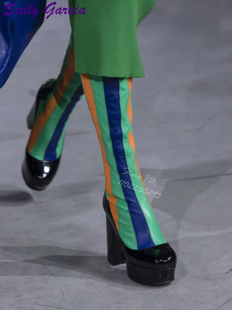 

Лоскутные полосатые ботинки до середины икры с круглым носком, утягивающие ботинки на платформе без шнуровки, осень 2021, женская модная современная обувь на квадратном каблуке