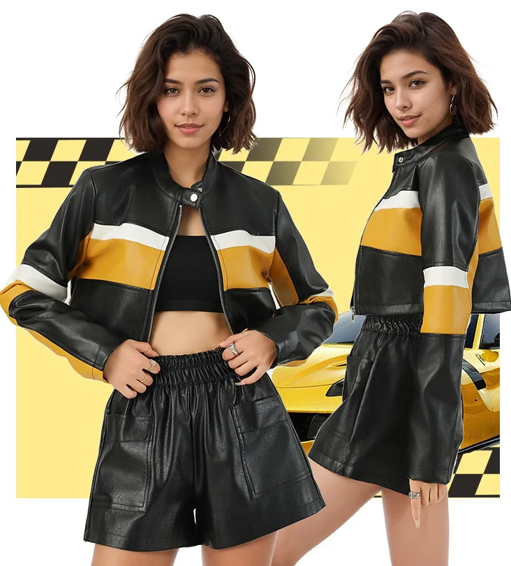 Jaqueta de couro feminina com emenda de cor contrastante jaqueta de couro PU, jaqueta de couro de motocicleta picante para meninas
