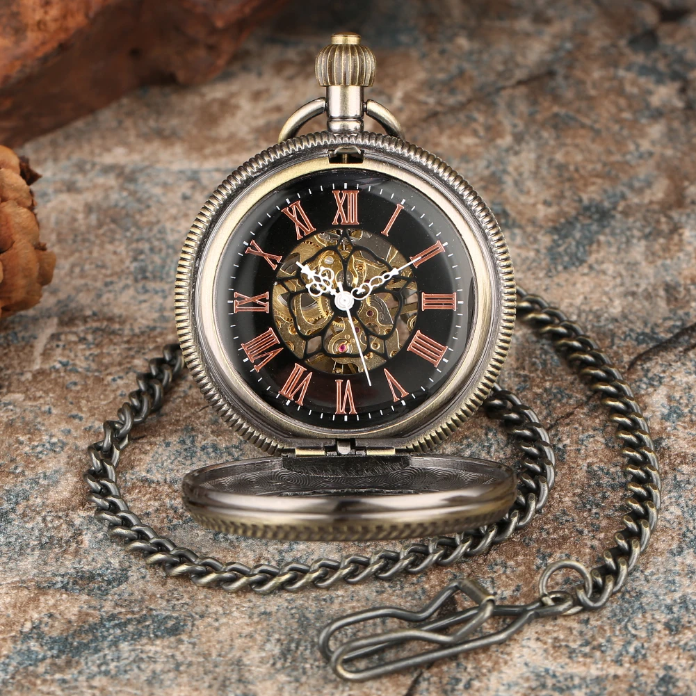 Bronze Fob Chain Mechanical Pocket Watch Hand Winding Movement Vintage Transparent Glass Rose Gold Roman Numerals Dial Timepiece