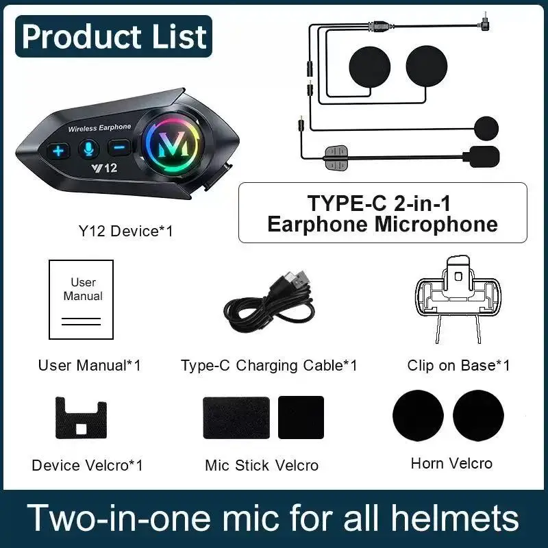 Y12 Pro Dual Mic Motorcycle Helmet Intercom Headset Wireless Hands-free Call Waterproof Music Player Speaker FM Radio Earphone