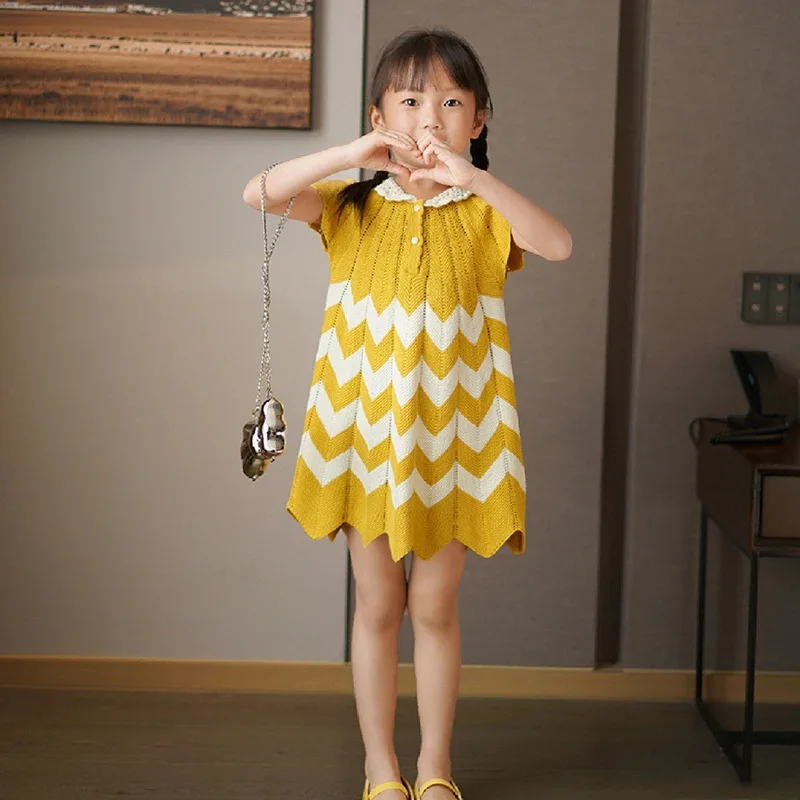 

Jenny&Dave Handhook Collar Combed Cotton Short Sleeve Dress for Girls Summer Ripple Knitted Perforated A-line Skirt Baby Goose Y