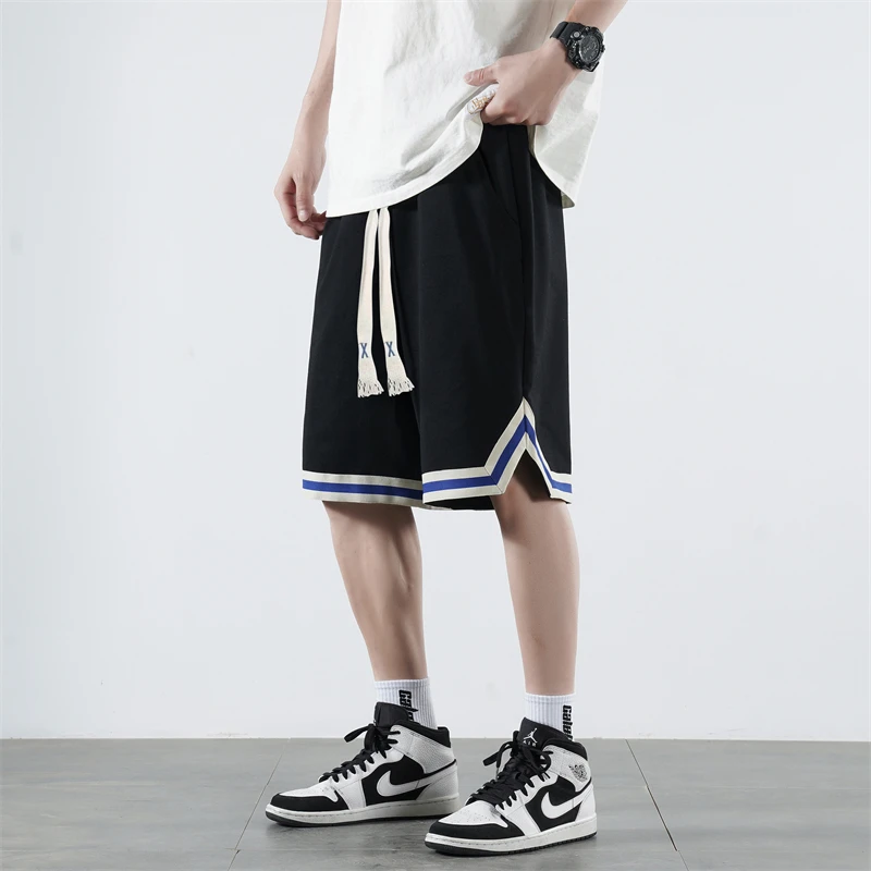 Fashion Sports Solid Color Knee Pants Korean Spliced Summer Loose Young Style Men's Clothing Drawstring Elastic Casual Shorts