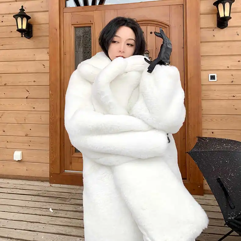 Winter Oversized Purple Warm White Faux Fur Coat Women Long Sleeve Double Breasted Loose Casual Soft Fluffy Jacket