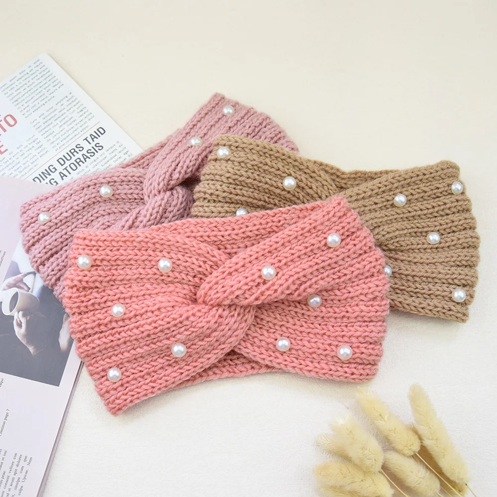 Fashion Pearls Knitted Headband Women Cross Knotted Hair Bands Autumn Winter Ear Warmer Protectors Wide Turban Hair Accessories