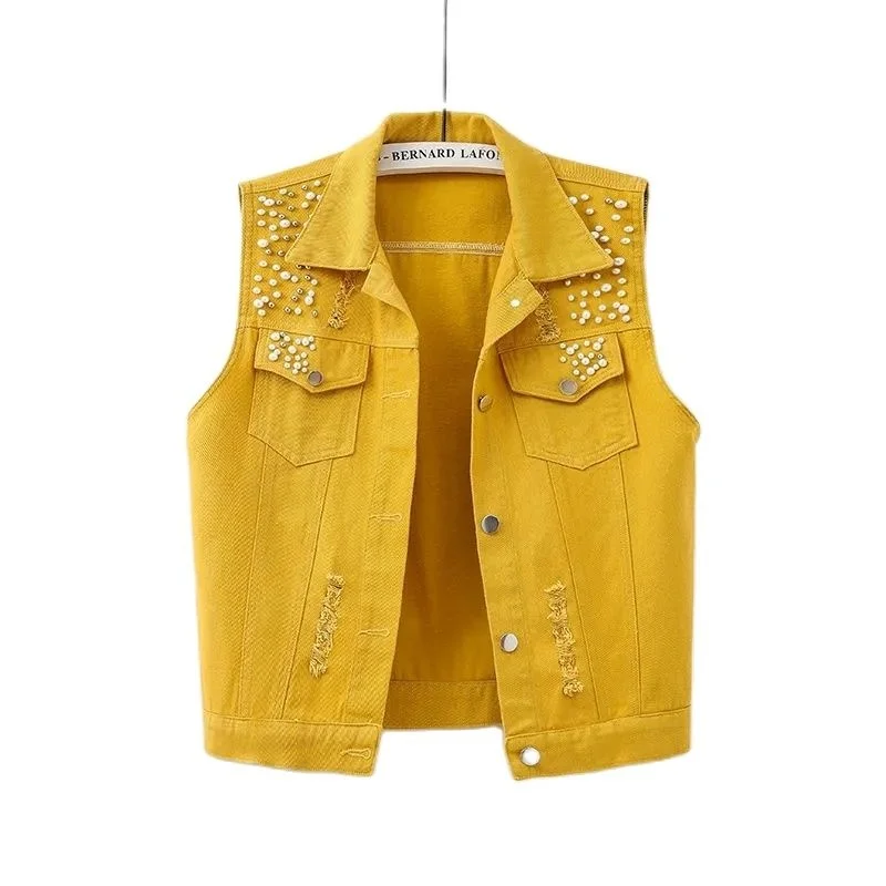 2023 Black Red Yellow Blue White Denim Vest Tops Women Spring Summer Washed Ripped Beaded Sleeveless Jacket Lady Jeans Waistcoat